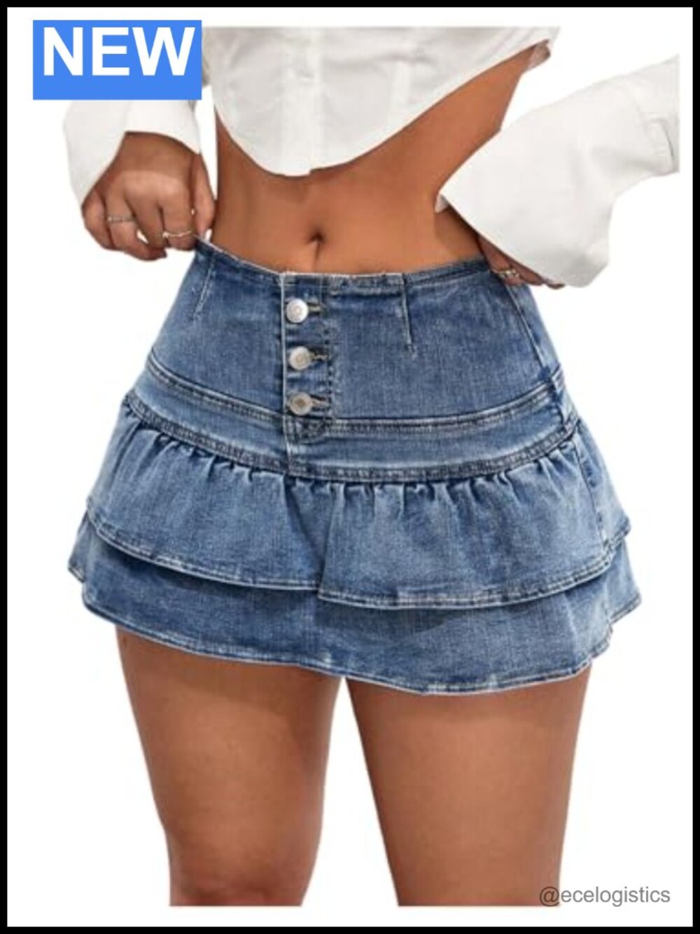 High-Waist Ruffle Denim Mini Skirt with Shorts | A-Line Cotton Blend